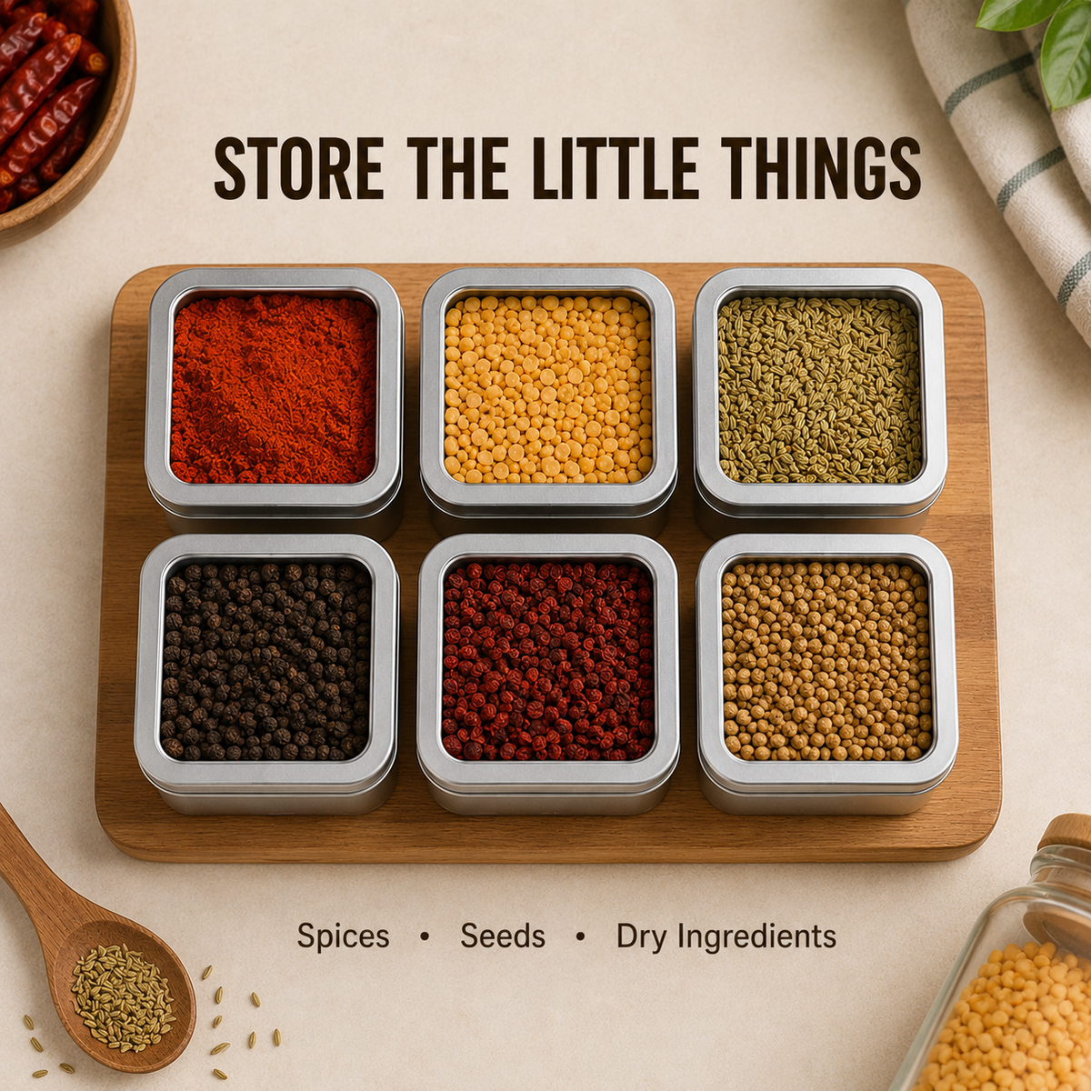 Square Mini Tin Storage Container for Kitchen | Small Container for Spices, Seeds, Dry Fruits & Dry Ingredients