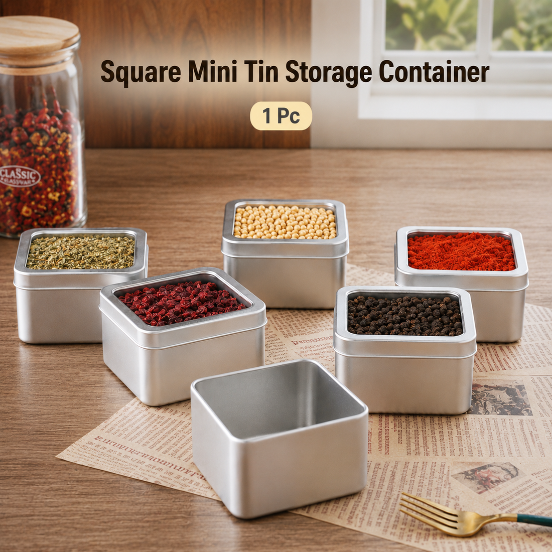 Square Mini Tin Storage Container for Kitchen | Small Container for Spices, Seeds, Dry Fruits &amp; Dry Ingredients