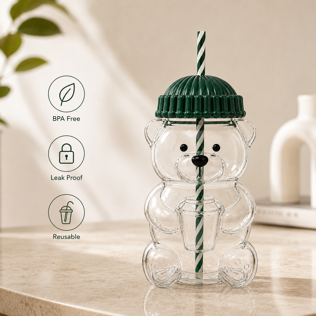 Kikinova Teddy Bear Sipper Cup with Straw &amp; Lid Cute Bear Shape Drink Bottle