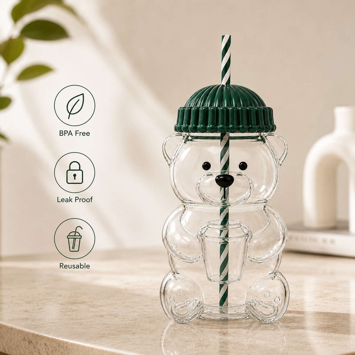 Kikinova Teddy Bear Sipper Cup with Straw &amp; Lid Cute Bear Shape Drink Bottle