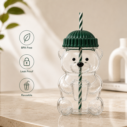 Kikinova Teddy Bear Sipper Cup with Straw &amp; Lid Cute Bear Shape Drink Bottle