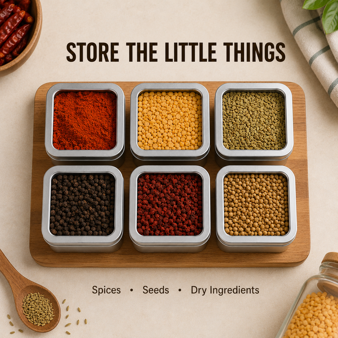Square Mini Tin Storage Container for Kitchen | Small Container for Spices, Seeds, Dry Fruits &amp; Dry Ingredients