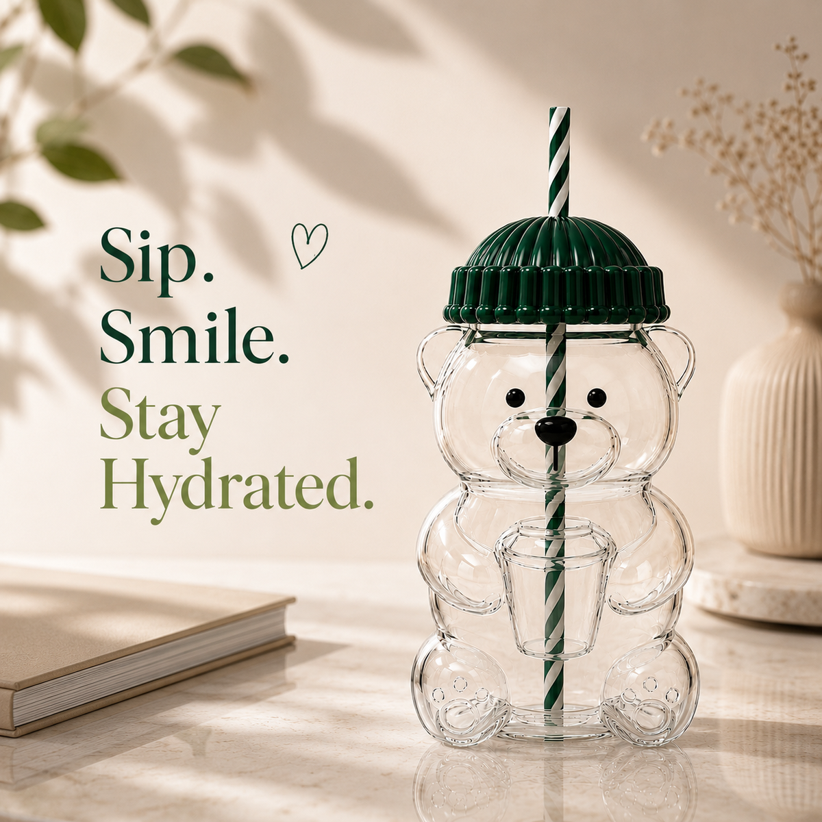 Kikinova Teddy Bear Sipper Cup with Straw &amp; Lid Cute Bear Shape Drink Bottle