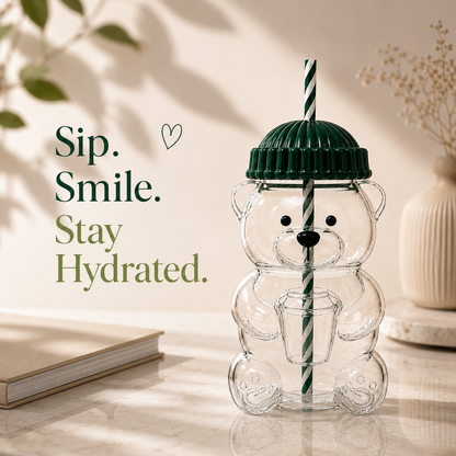 Kikinova Teddy Bear Sipper Cup with Straw &amp; Lid Cute Bear Shape Drink Bottle