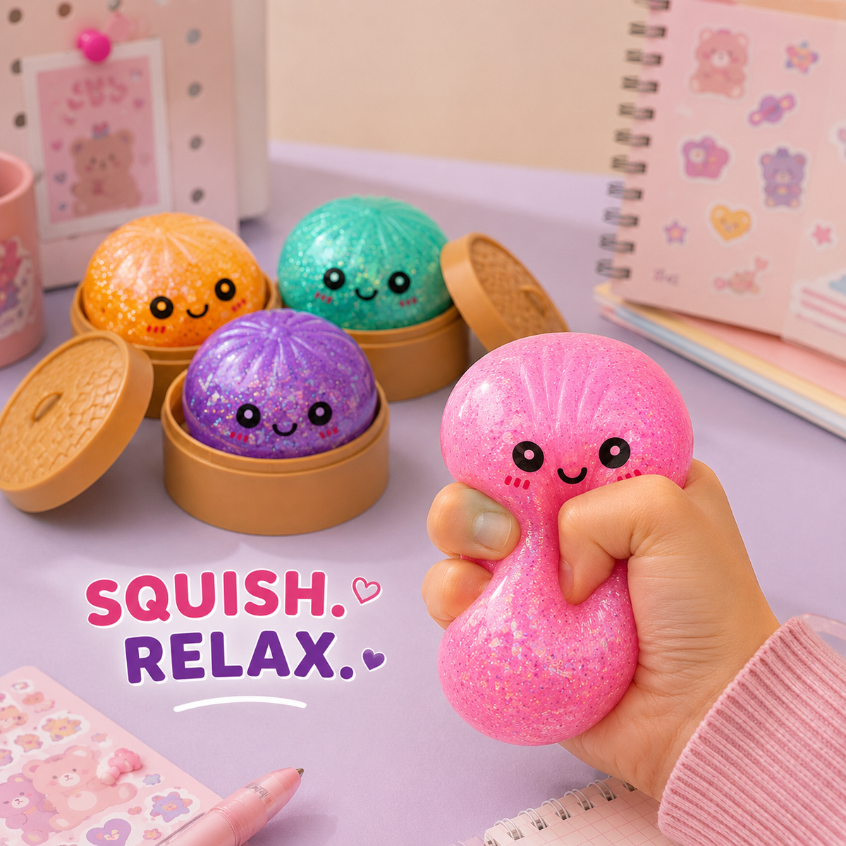 Kikinova Glitter Dumpling Mystery Squishy Toy with Storage Box Pack of-1